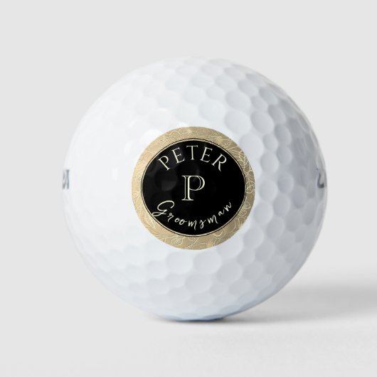 Zwart Goud Monogram Persoonlijke Bruidsjonker Golfballen (Voorkant)