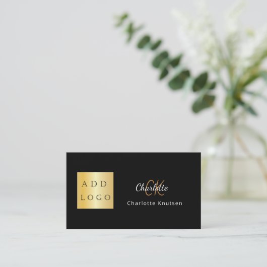 Zwart goud monogram QR code logo Visitekaartje (Staand voorkant)