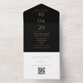Zwart Goud Monogram QR Code Trouwdatum All In One Uitnodiging (Binnen)