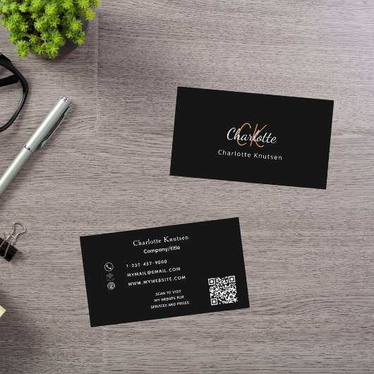 Zwart goud monogram QR code Visitekaartje