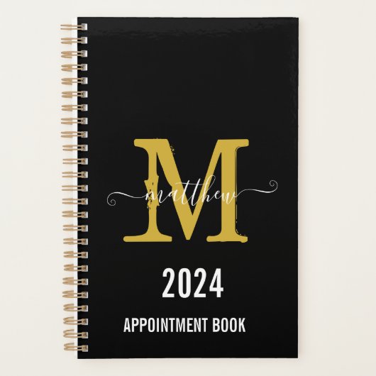 Zwart & Goud Monogram Script Afsprakenboek Planner (Voorkant)