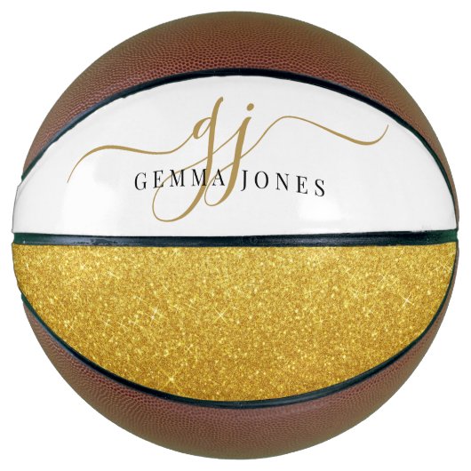 Zwart Goud Monogram Script Naam Basketbal (Voorkant)