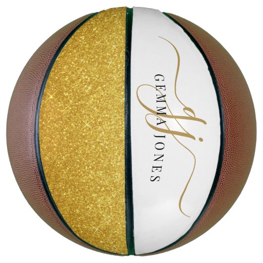 Zwart Goud Monogram Script Naam Basketbal (Verticaal)