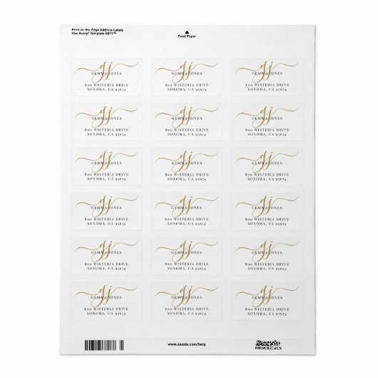 Zwart Goud Monogram Script Naam Retouradres Etiket (Full Sheet)