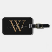 Zwart Goud Monogram Script Naam Stijlvol Bagagelabel (Voorkant horizontaal)