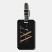 Zwart Goud Monogram Script Naam Stijlvol Bagagelabel (Voorkant verticaal)