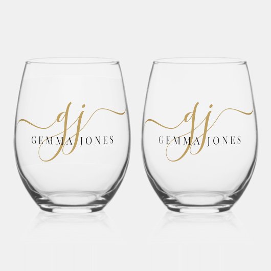 Zwart Goud Monogram Script Naam Wijnglas Zonder Voet (Voorkant)