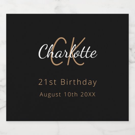 Zwart goud monogram verjaardagsfeestje sparkling wijnetiket (Enkel label)