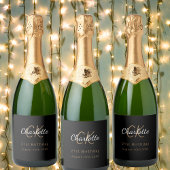 Zwart goud monogram verjaardagsfeestje sparkling wijnetiket