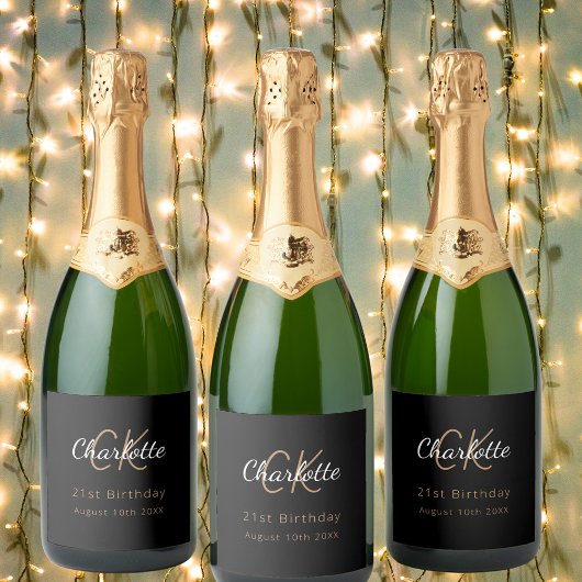Zwart goud monogram verjaardagsfeestje sparkling wijnetiket