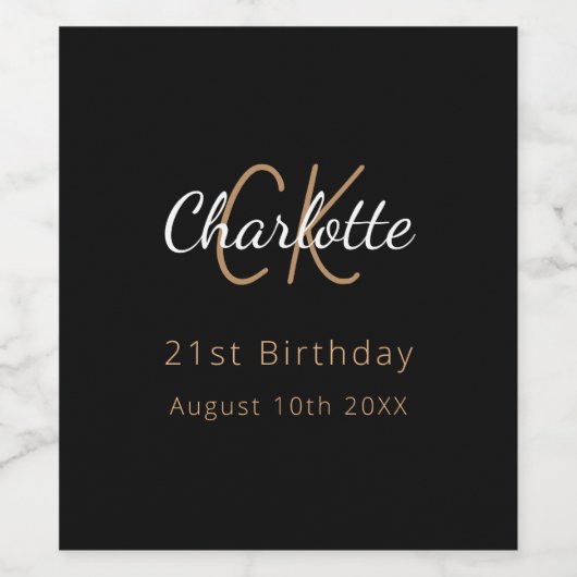 Zwart goud monogram verjaardagsfeestje wijn etiket (Enkel label)