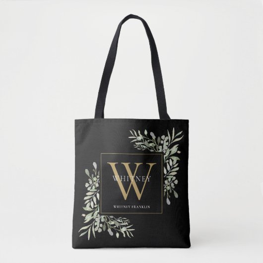 Zwart Goud Monogram Waterverf groen bladeren Tot Tote Bag (Voorkant)