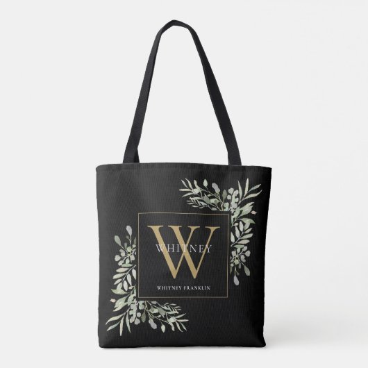 Zwart Goud Monogram Waterverf groen bladeren Tot Tote Bag (Achterkant)