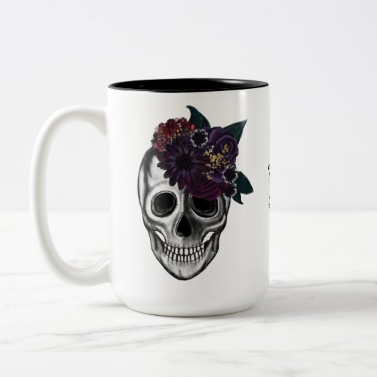Zwart & Goud Moody Bloemen Halloween Schedel Monog Tweekleurige Koffiemok (Links)