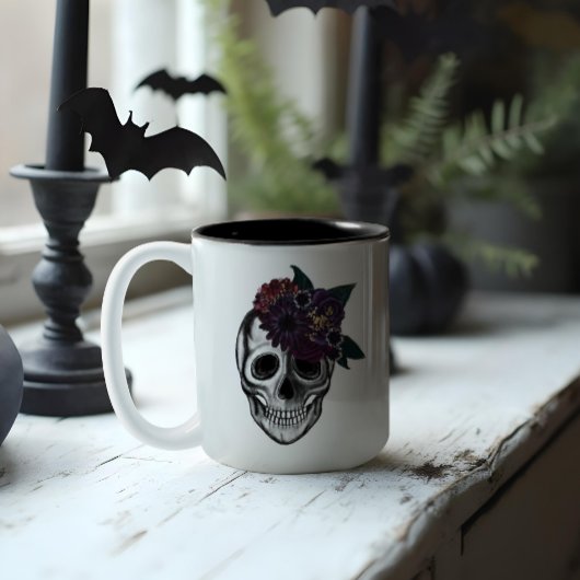 Zwart & Goud Moody Bloemen Halloween Schedel Monog Tweekleurige Koffiemok