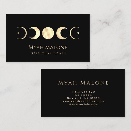 Zwart & Goud Moon Phase Yoga Spirituele Coach Visitekaartje (Voorkant / Achterkant)