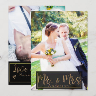 Zwart & Goud Mr. & Mrs. Trouwfoto Dank je Kaart