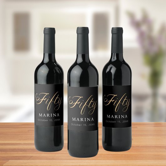 Zwart goud naamschrift 50e verjaardag wijn etiket