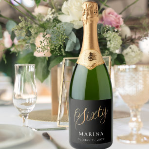 Zwart goud naamschrift 60e verjaardag sparkling wijnetiket
