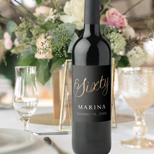 Zwart goud naamschrift 60e verjaardag wijn etiket
