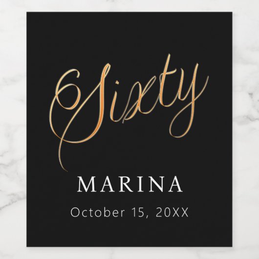 Zwart goud naamschrift 60e verjaardag wijn etiket (Enkel label)