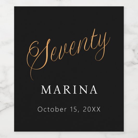 Zwart goud naamschrift 70e verjaardag wijn etiket (Enkel label)