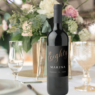 Zwart goud naamschrift 80e verjaardag wijn etiket