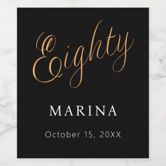 Zwart goud naamschrift 80e verjaardag wijn etiket (Enkel label)