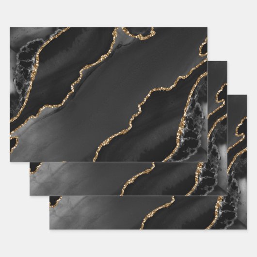 Zwart & Goud Nep Glitter Agate Inpakpapier Vel (Set)