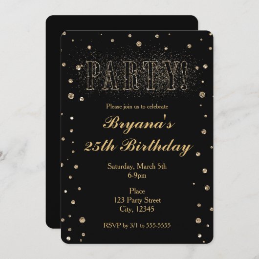 Zwart & Goud Nep Glitter FEest Uitnodigingen (Voorkant / Achterkant)