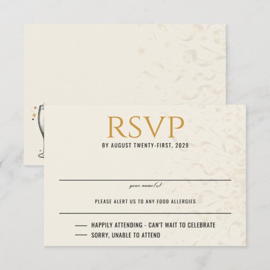 Zwart & Goud New Years Eve Bruiloft RSVP Kaartje (Voorkant / Achterkant)