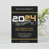 Zwart & Goud New Years Eve Party Banner 2024 Kaart (Staand voorkant)