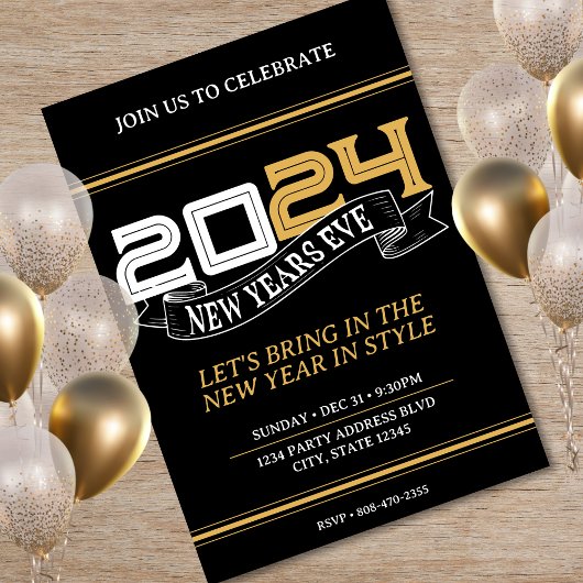 Zwart & Goud New Years Eve Party Banner 2024 Kaart