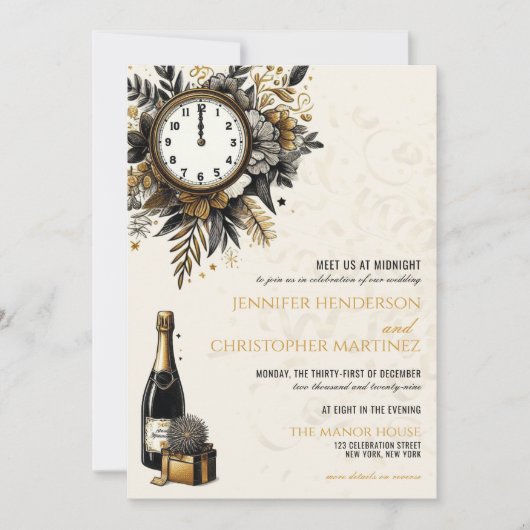 Zwart & Goud New Years Eve QR bruiloft uitnodiging (Voorkant)