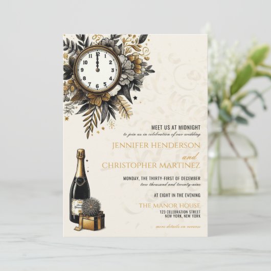 Zwart & Goud New Years Eve QR bruiloft uitnodiging (Staand voorkant)