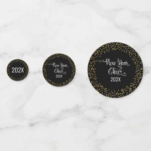 Zwart Goud Nieuwjaar Cheer Glitter Script Snowflak Confetti (Voorkanten)