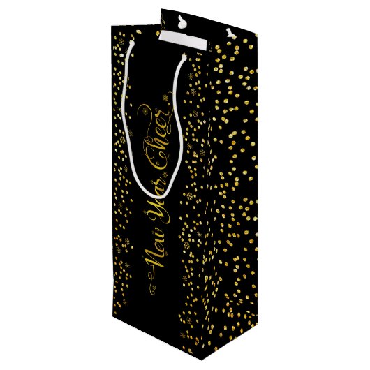 Zwart Goud Nieuwjaar Cheer Script Snowflakes Moder Wijn Cadeautas (Achterkant Gekanteld)