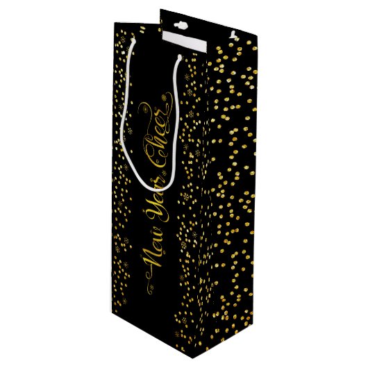 Zwart Goud Nieuwjaar Cheer Script Snowflakes Moder Wijn Cadeautas (Voorkant Gekanteld)