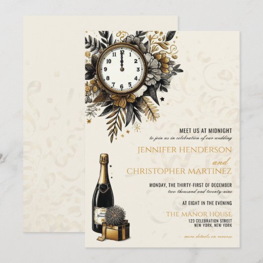 Zwart & Goud Nieuwjaar Eve bruiloft uitnodiging (Voorkant / Achterkant)
