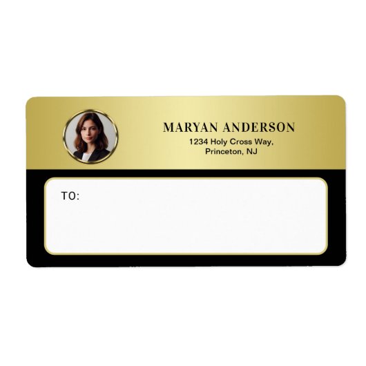 Zwart & goud ontwerp, Logo of foto in gouden cirke Etiket (Voorkant)