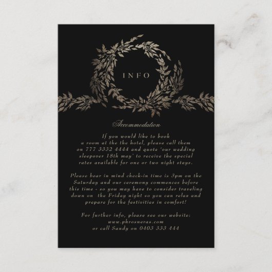 Zwart Goud op Ebony Botanische Monogram Bruiloft Informatiekaartje (Voorkant)