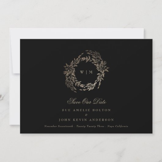 Zwart Goud op Ebony Botanische Monogram Bruiloft Save The Date (Voorkant)