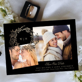 Zwart Goud op Ebony Wreath Monogram Foto Bruiloft Save The Date