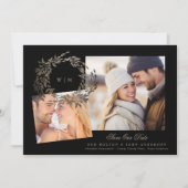 Zwart Goud op Ebony Wreath Monogram Foto Bruiloft Save The Date (Voorkant)