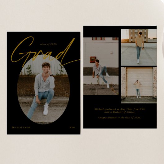 Zwart & Goud Ovaal Foto Moderne Script Afstudeerfe Aankondiging
