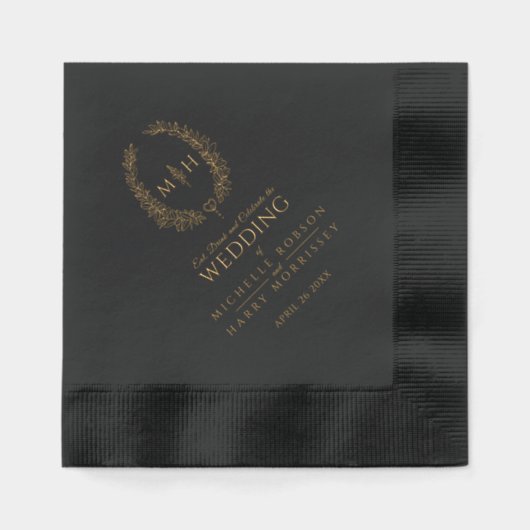 Zwart Goud ovaal laat bruiloft monogrammed gewoont Folie Servetten (Voorkant)