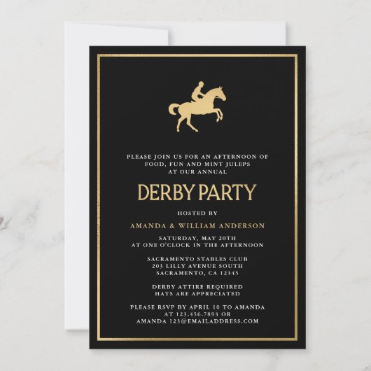 Zwart & Goud Paard Race Derby Party Kaart (Voorkant)