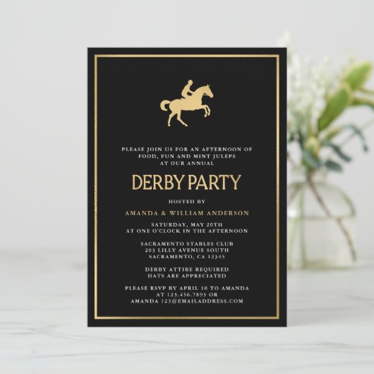 Zwart & Goud Paard Race Derby Party Kaart (Staand voorkant)