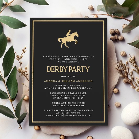 Zwart & Goud Paard Race Derby Party Kaart