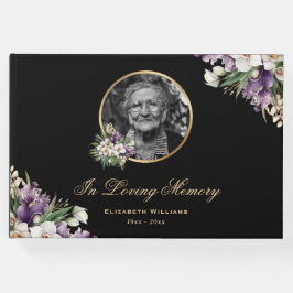 Zwart Goud Paarse Bloem Foto Rouwherdenking Gastenboek